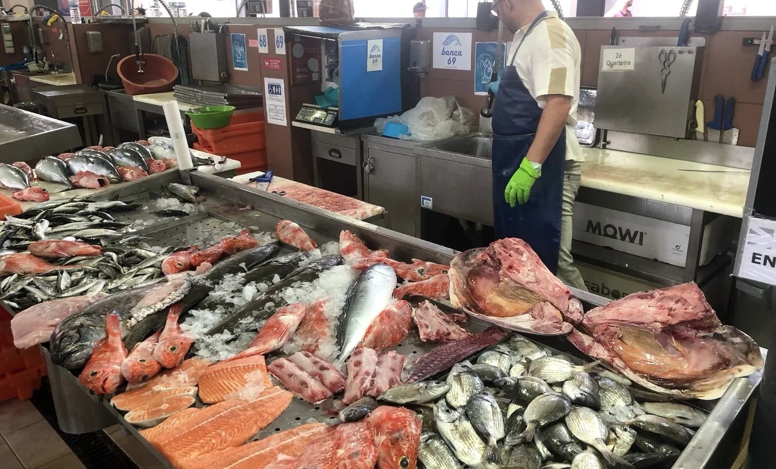 Fresh fish and shellfish on ice at a market counter