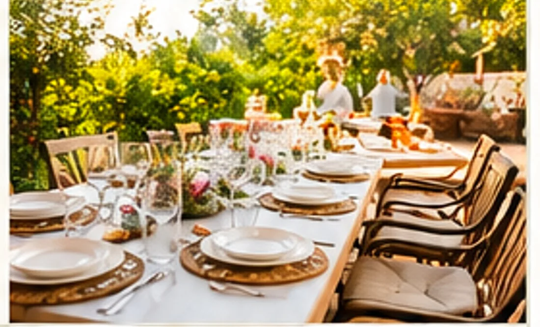 A long table laid for a group meal in a garden under the trees