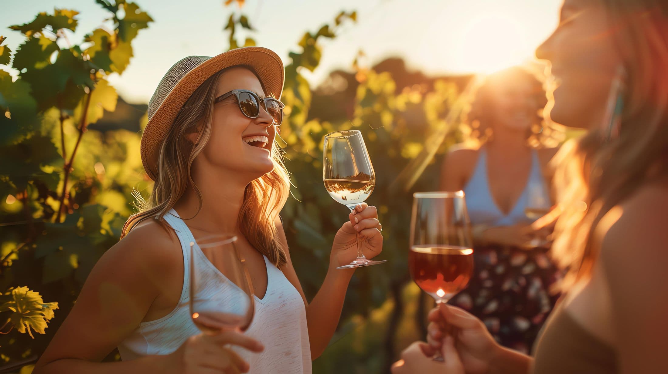 Three friends standing between rows of vines on a vineyard visit