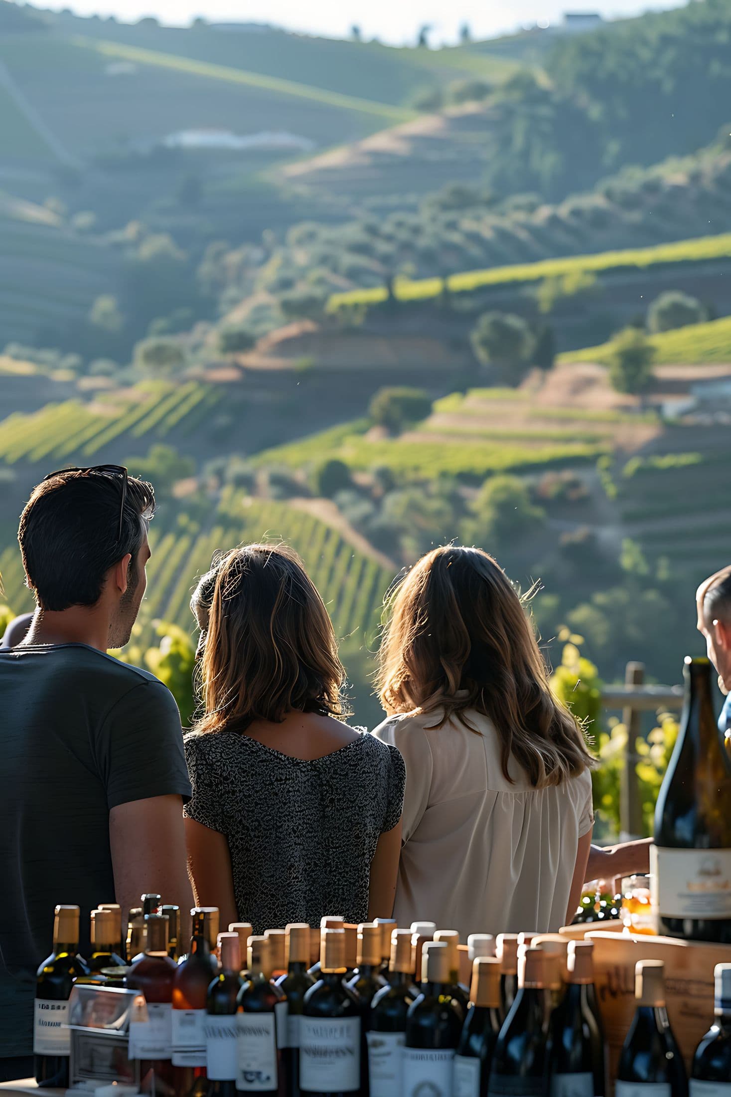 A wine tasting at a small stall overlooking terraced vineyards